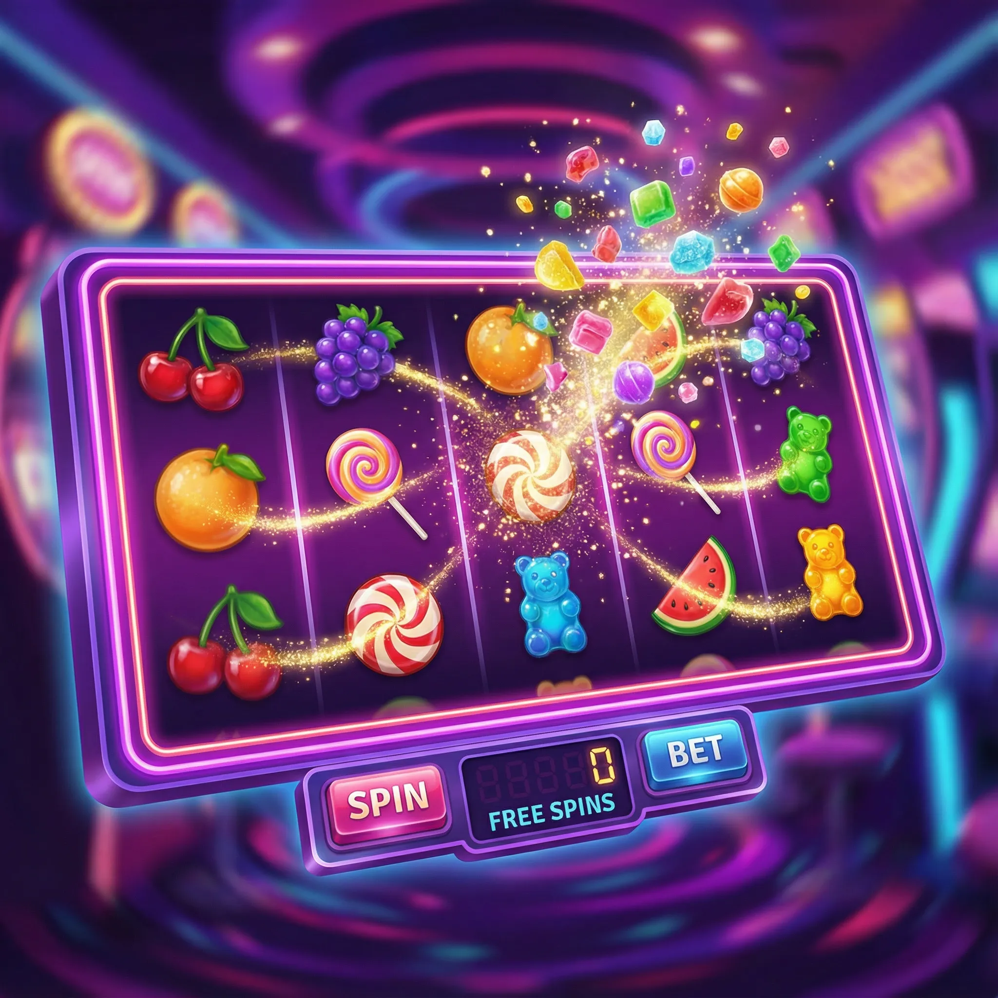 Caça-níqueis coloridos com tema de doces no soccerbet